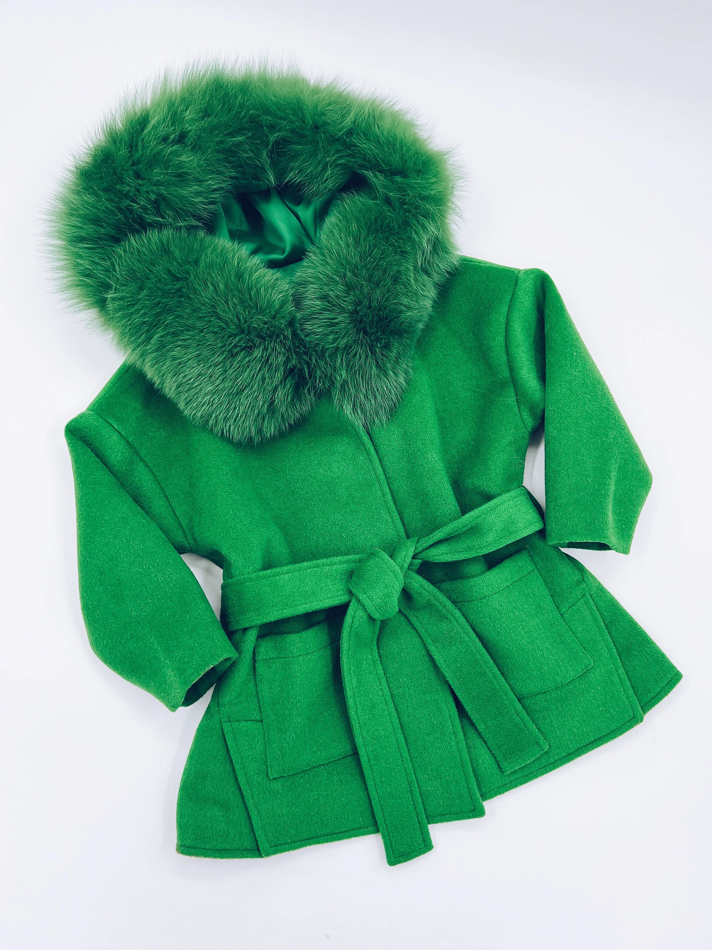 MI LOVES SIGNATURE Luxurious wool kids coat with Fox fur trim in deep green colour.