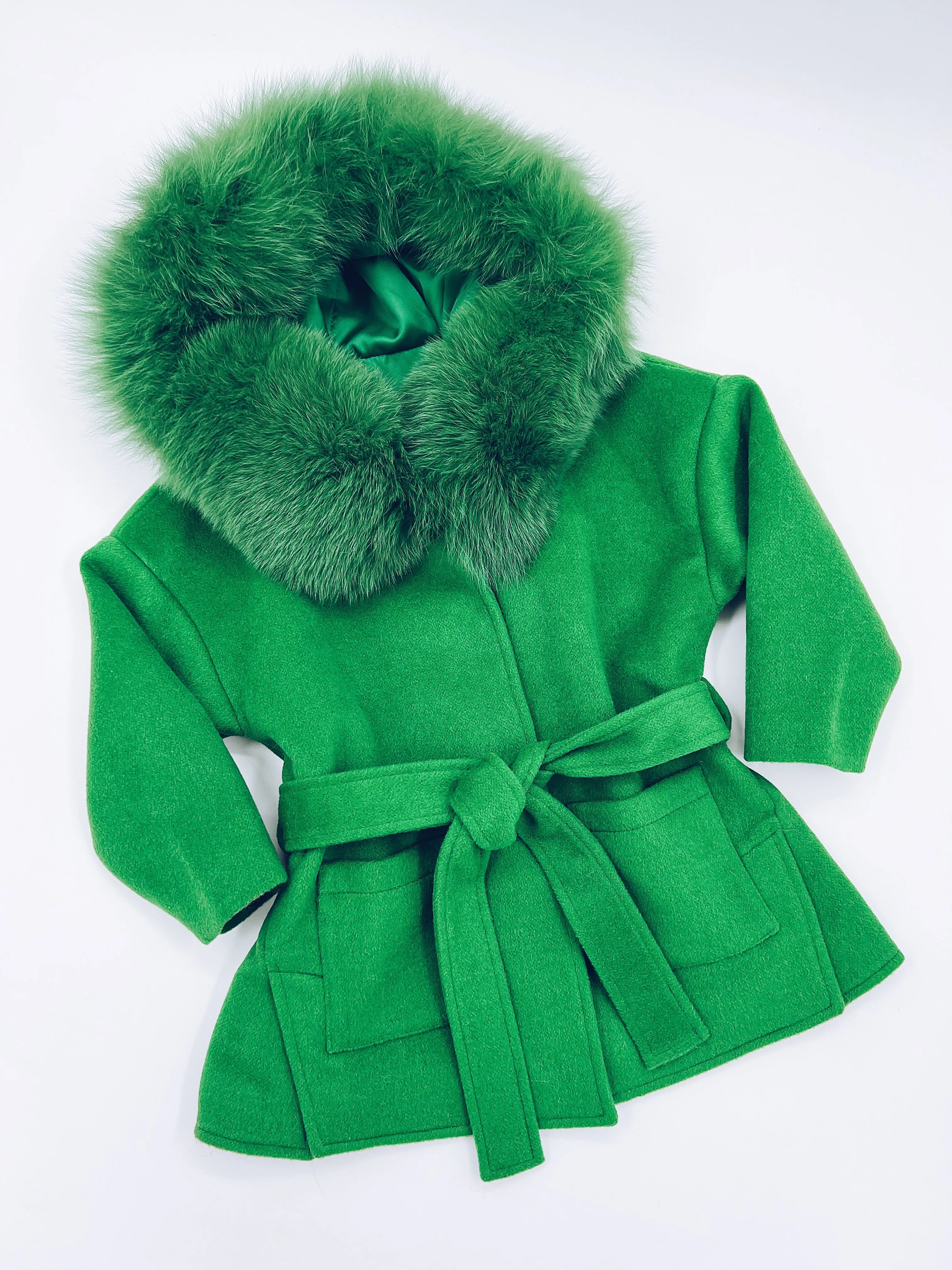 MI LOVES SIGNATURE Luxurious wool kids coat with Fox fur trim in deep green colour.