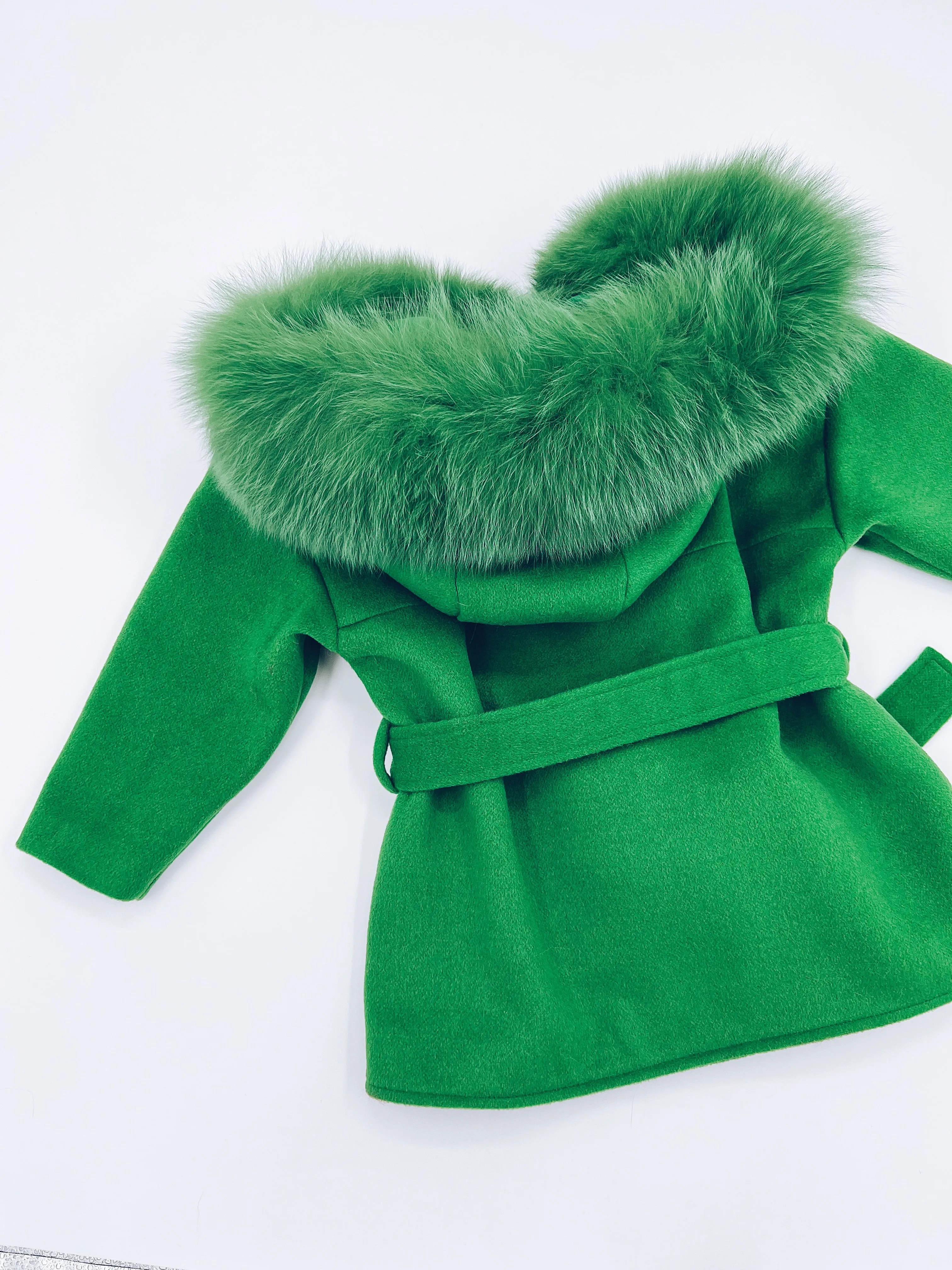 MI LOVES SIGNATURE Luxurious wool kids coat with Fox fur trim in deep green colour.