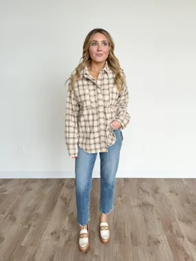 Naya Corduroy Plaid Shacket in Taupe