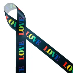 Rainbow ribbon love printed on 1.5" white satin