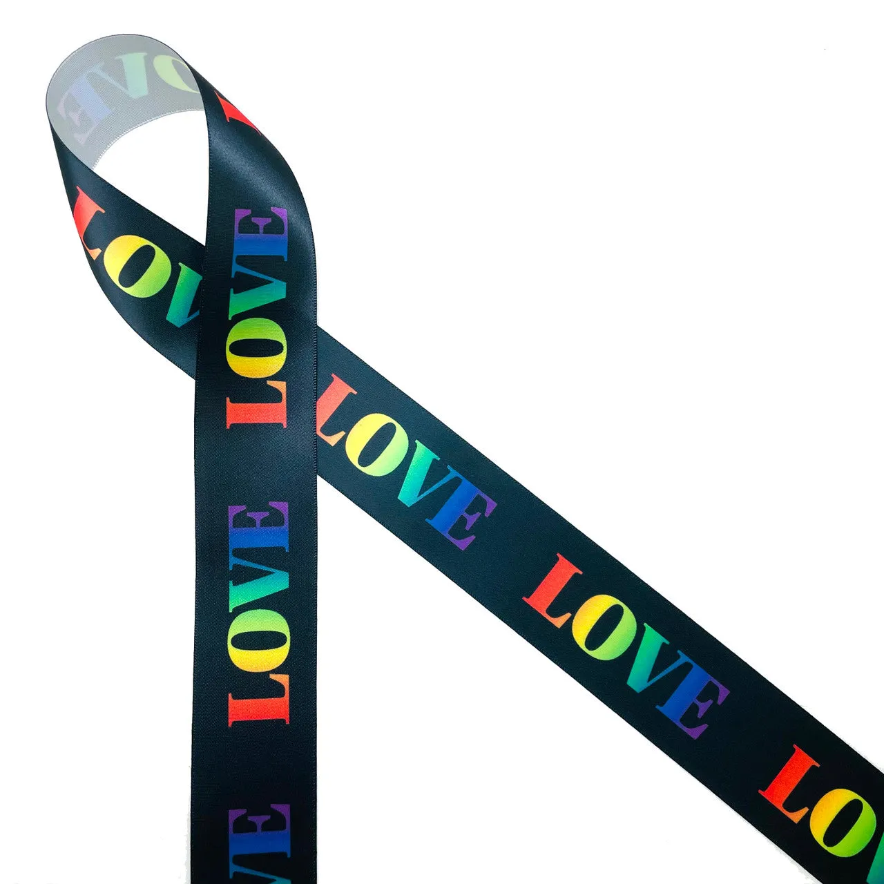 Rainbow ribbon love printed on 1.5" white satin