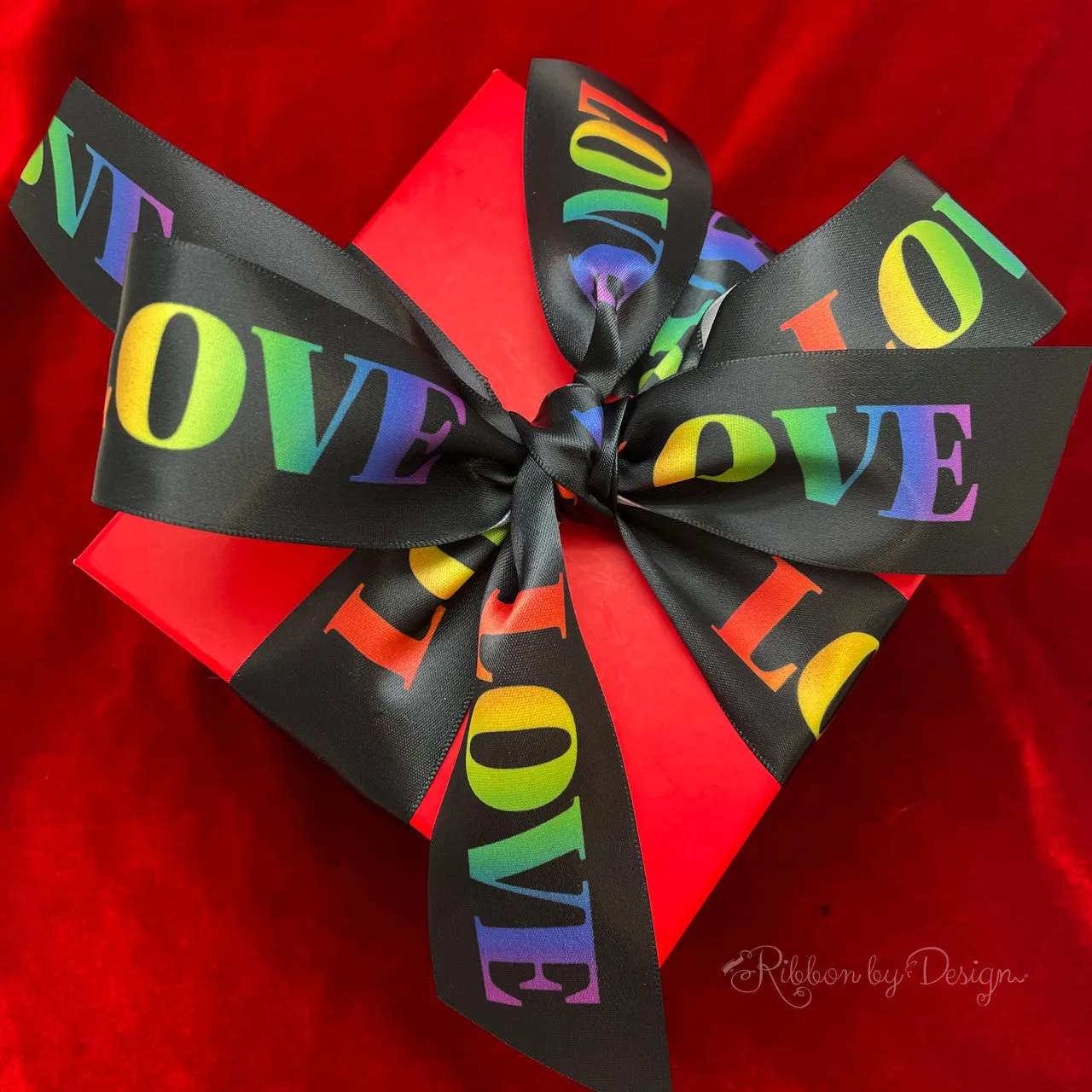 Rainbow ribbon love printed on 1.5" white satin