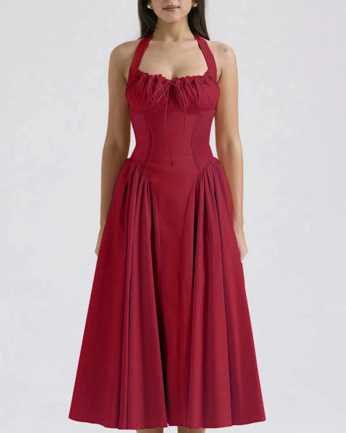 Red Ruched Halter Midi Dress