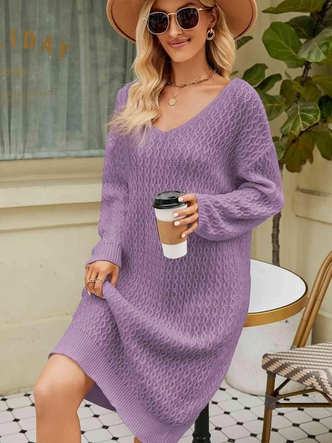 Relaxing Autumn V-Neck Long Sleeve Knit Sweater Dress