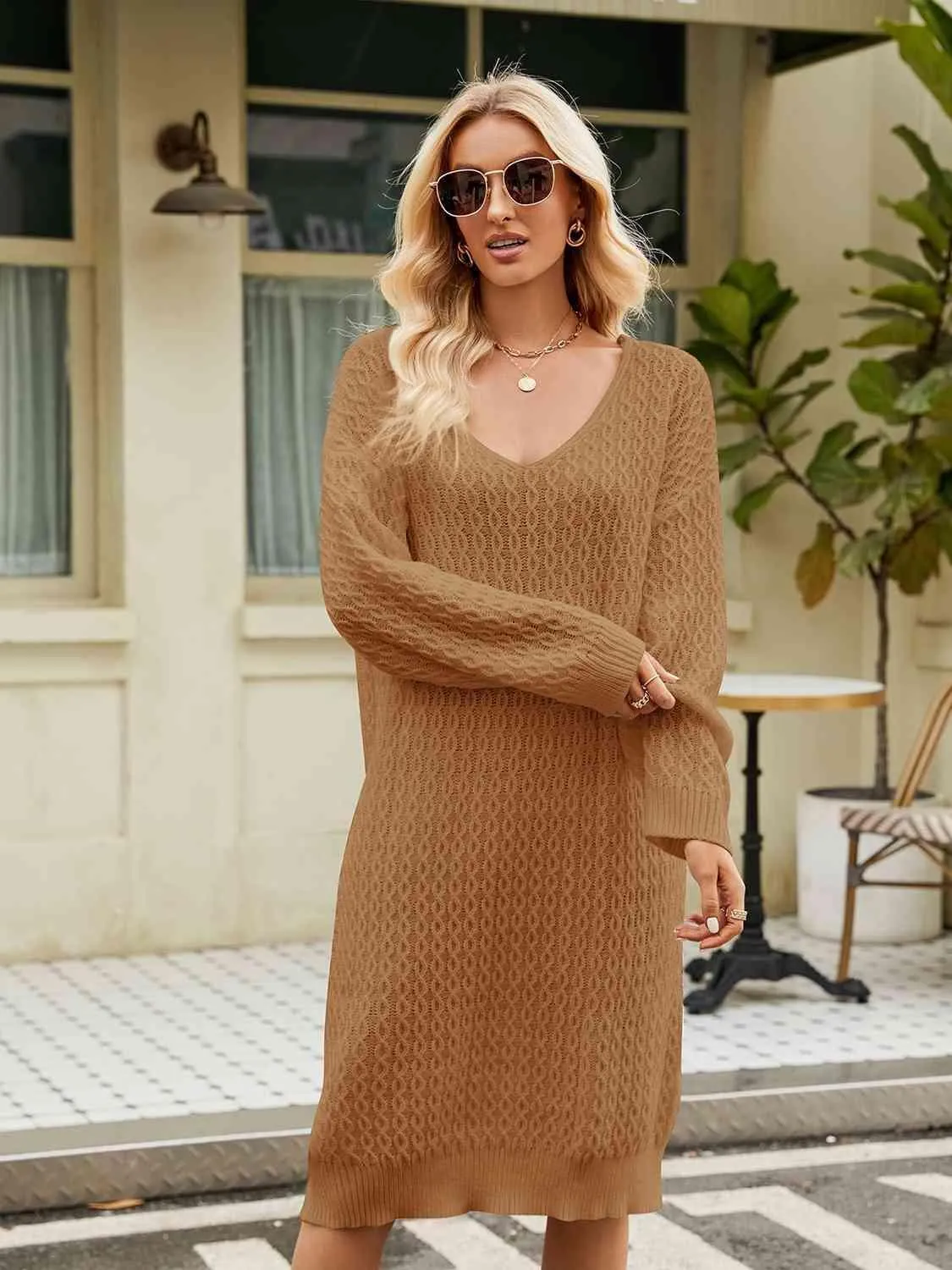 Relaxing Autumn V-Neck Long Sleeve Knit Sweater Dress
