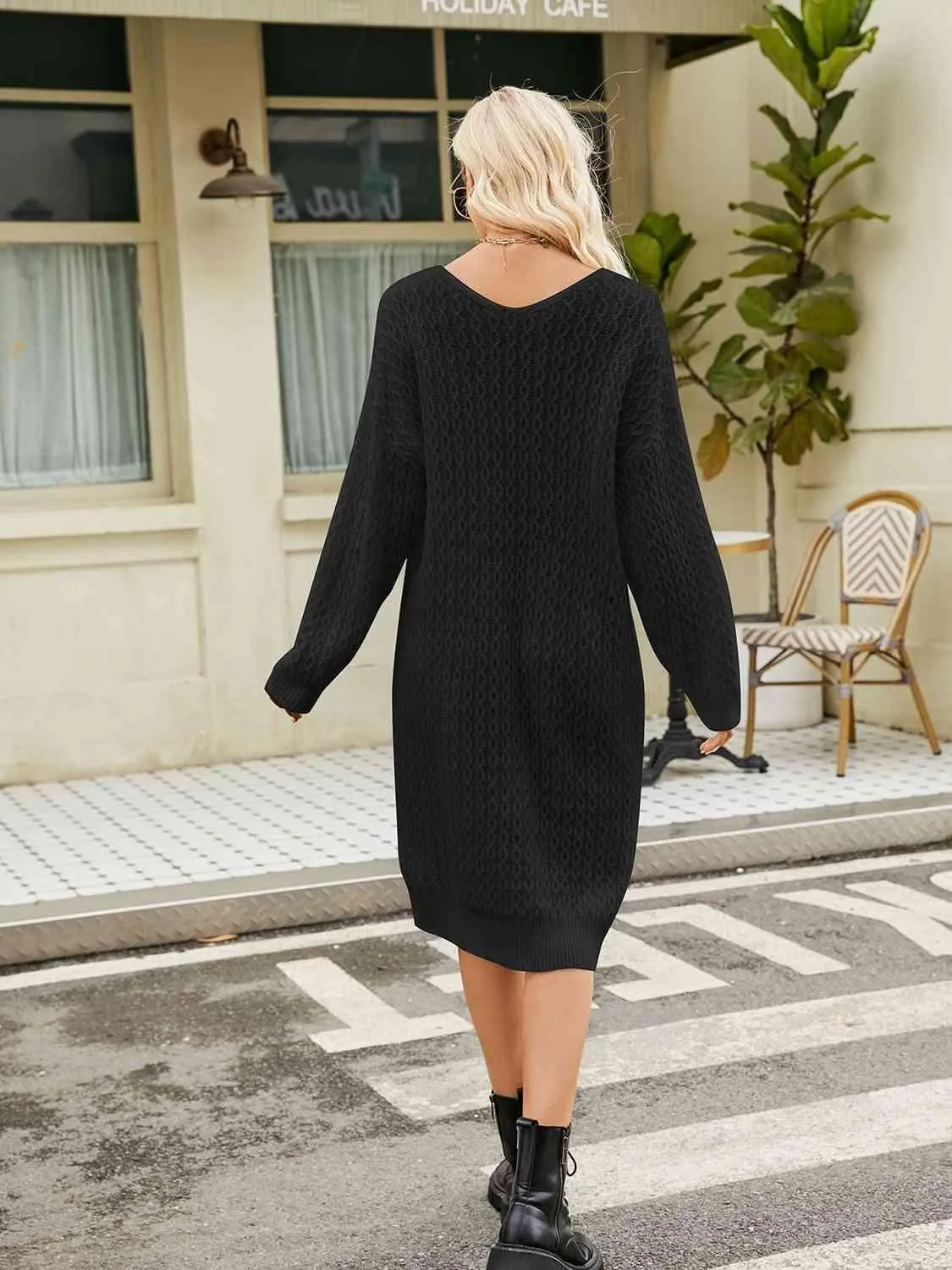 Relaxing Autumn V-Neck Long Sleeve Knit Sweater Dress