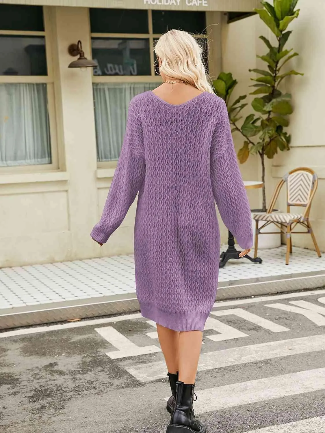 Relaxing Autumn V-Neck Long Sleeve Knit Sweater Dress