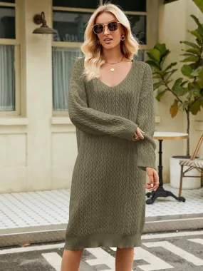 Relaxing Autumn V-Neck Long Sleeve Knit Sweater Dress