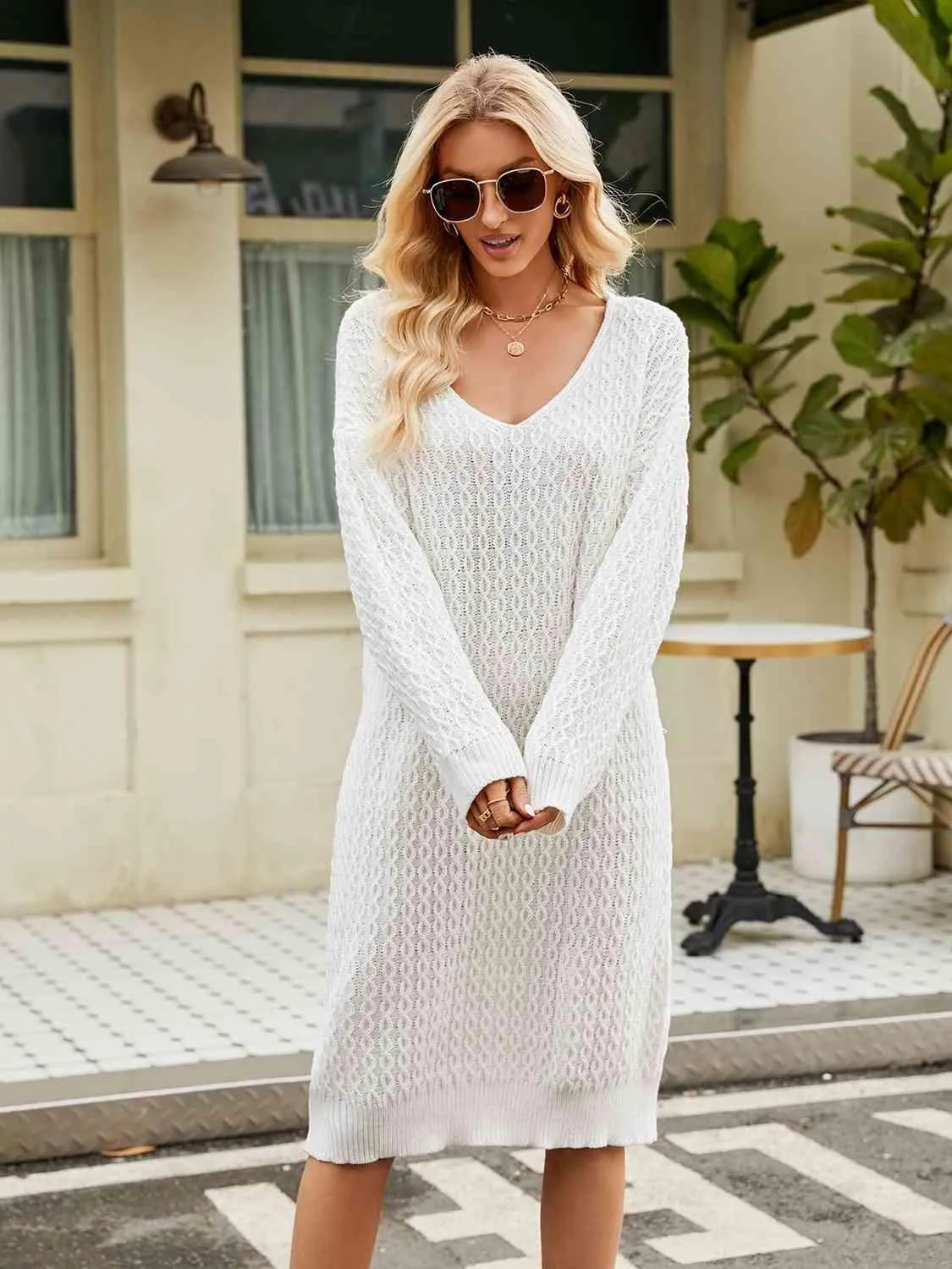 Relaxing Autumn V-Neck Long Sleeve Knit Sweater Dress