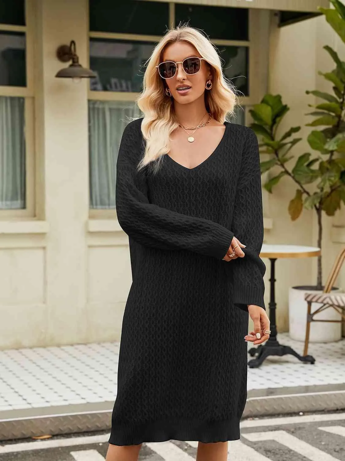 Relaxing Autumn V-Neck Long Sleeve Knit Sweater Dress