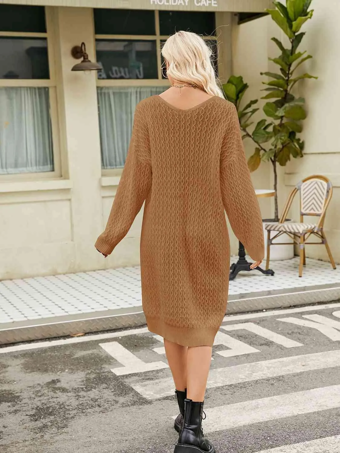 Relaxing Autumn V-Neck Long Sleeve Knit Sweater Dress