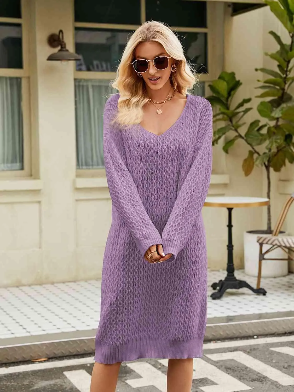 Relaxing Autumn V-Neck Long Sleeve Knit Sweater Dress