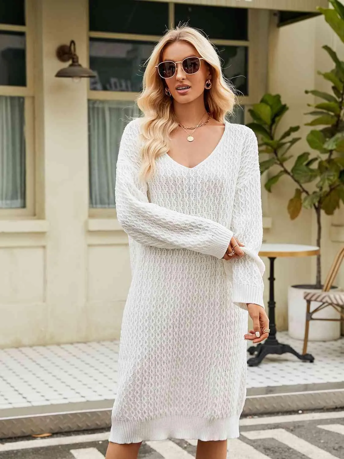 Relaxing Autumn V-Neck Long Sleeve Knit Sweater Dress