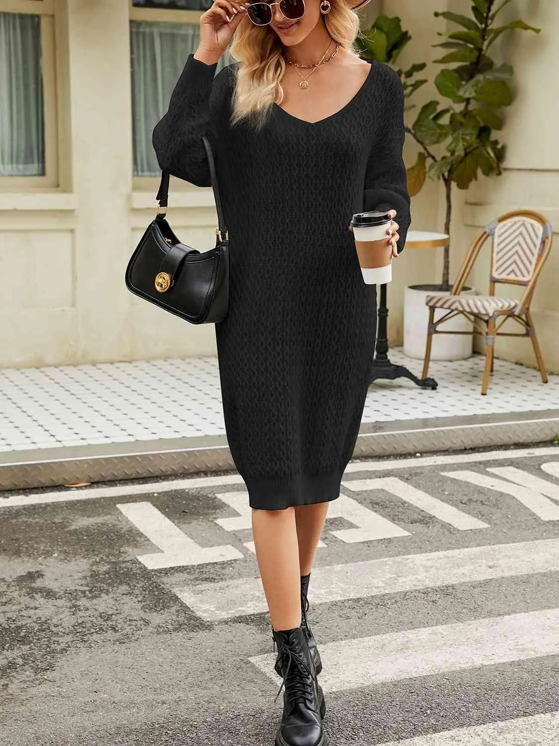 Relaxing Autumn V-Neck Long Sleeve Knit Sweater Dress