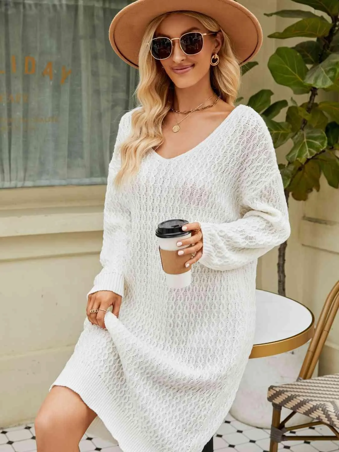 Relaxing Autumn V-Neck Long Sleeve Knit Sweater Dress