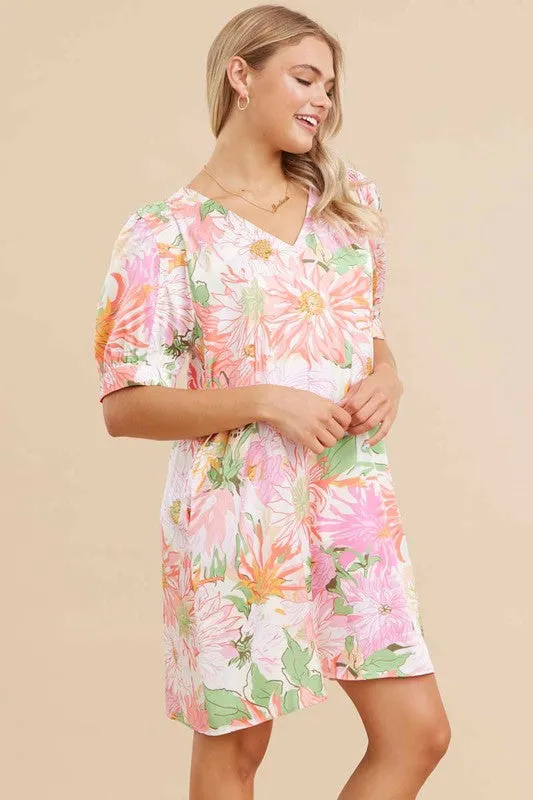 Satin Floral Print V-neck Dress