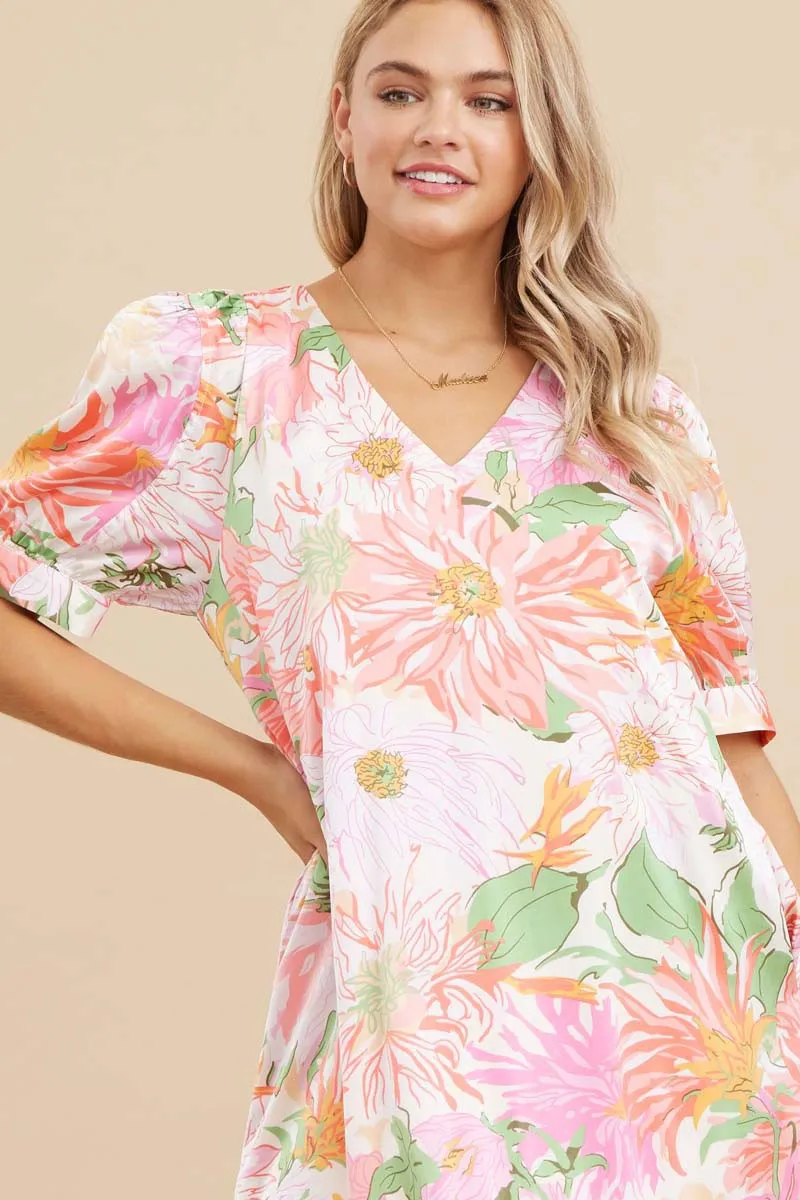 Satin Floral Print V-neck Dress