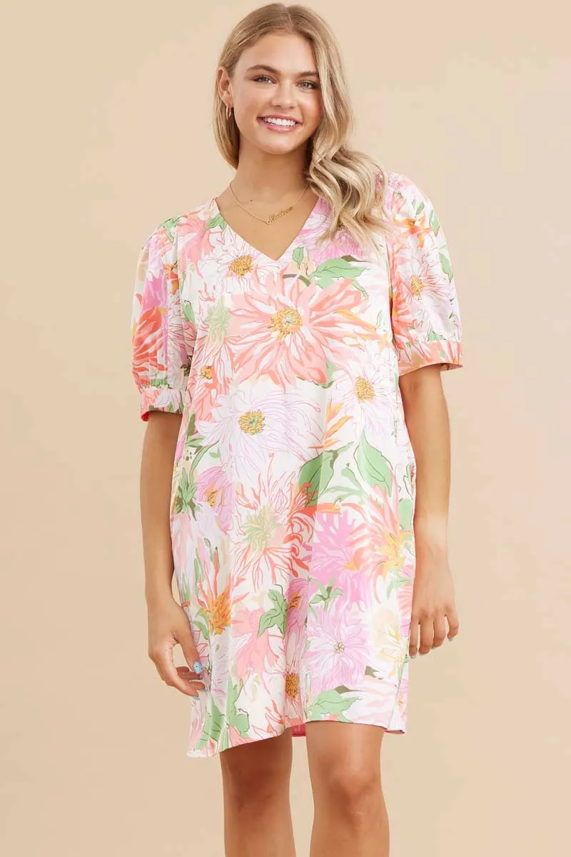 Satin Floral Print V-neck Dress