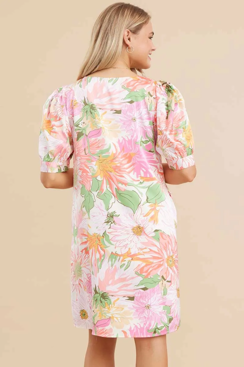 Satin Floral Print V-neck Dress