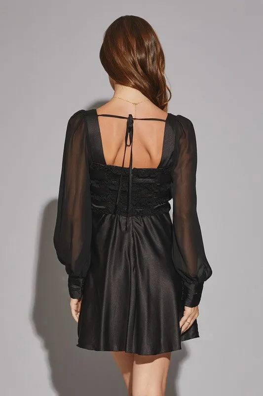 ^Satin Squareneck Ruffle Dress - Black