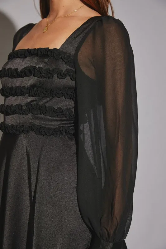 ^Satin Squareneck Ruffle Dress - Black