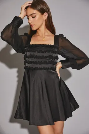^Satin Squareneck Ruffle Dress - Black