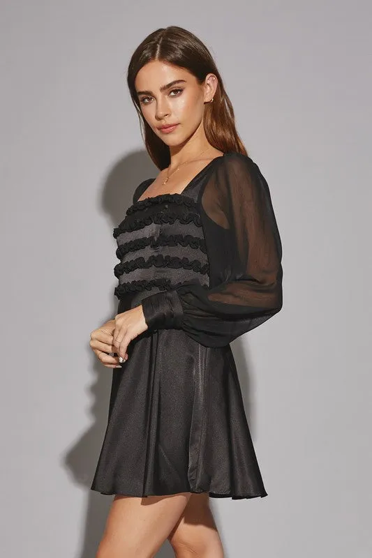 ^Satin Squareneck Ruffle Dress - Black