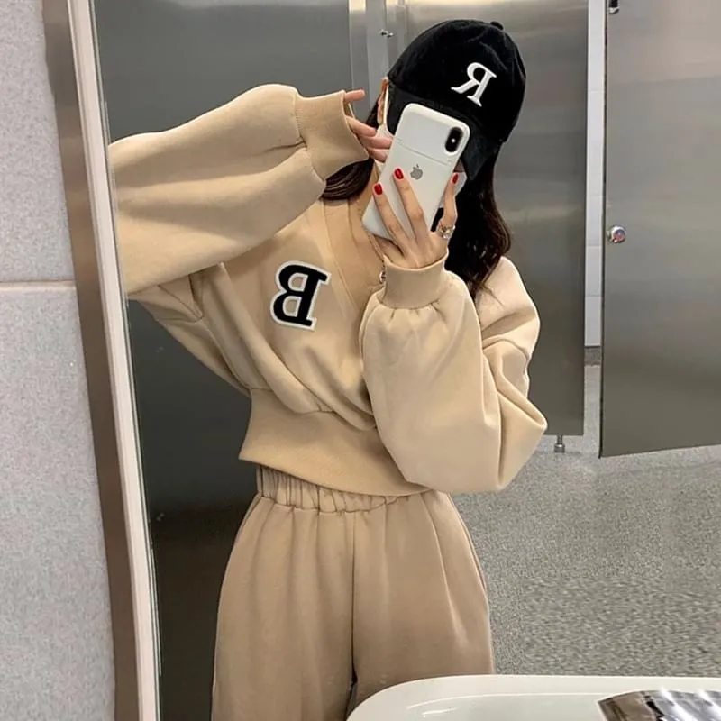Set: V-Neck Lettering Pullover   Elastic Waist Plain Wide Leg Sweatpants