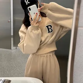 Set: V-Neck Lettering Pullover   Elastic Waist Plain Wide Leg Sweatpants