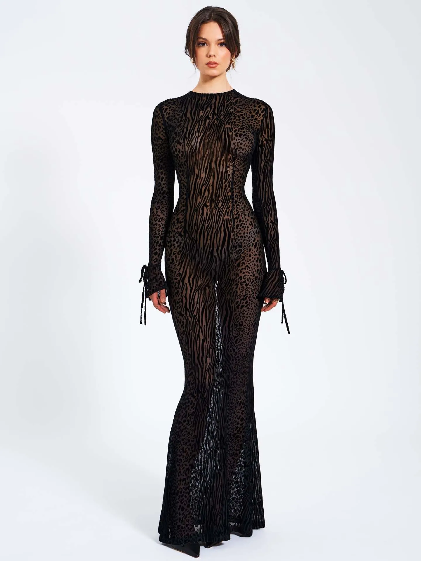 Sexy See through Mesh Leopard Print Sheath Backless Formal Dress