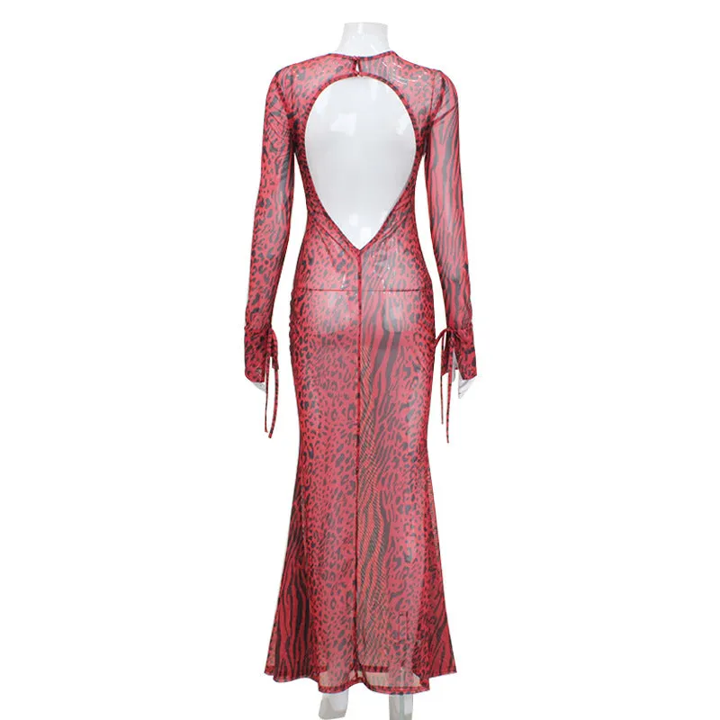 Sexy See through Mesh Leopard Print Sheath Backless Formal Dress