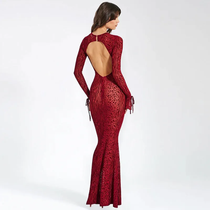Sexy See through Mesh Leopard Print Sheath Backless Formal Dress