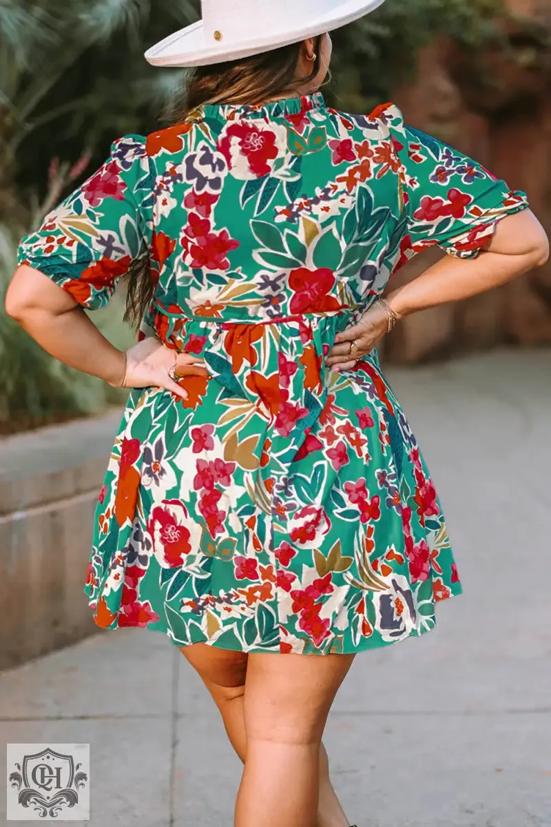 Sky Blue Plus Size Floral Print Puff Sleeve Tie Neck Babydoll Dress