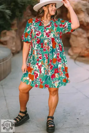 Sky Blue Plus Size Floral Print Puff Sleeve Tie Neck Babydoll Dress