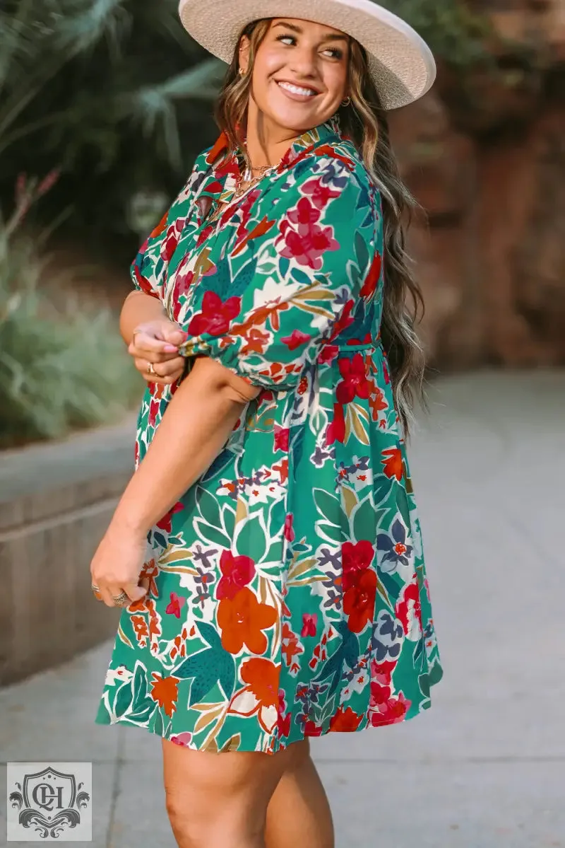 Sky Blue Plus Size Floral Print Puff Sleeve Tie Neck Babydoll Dress