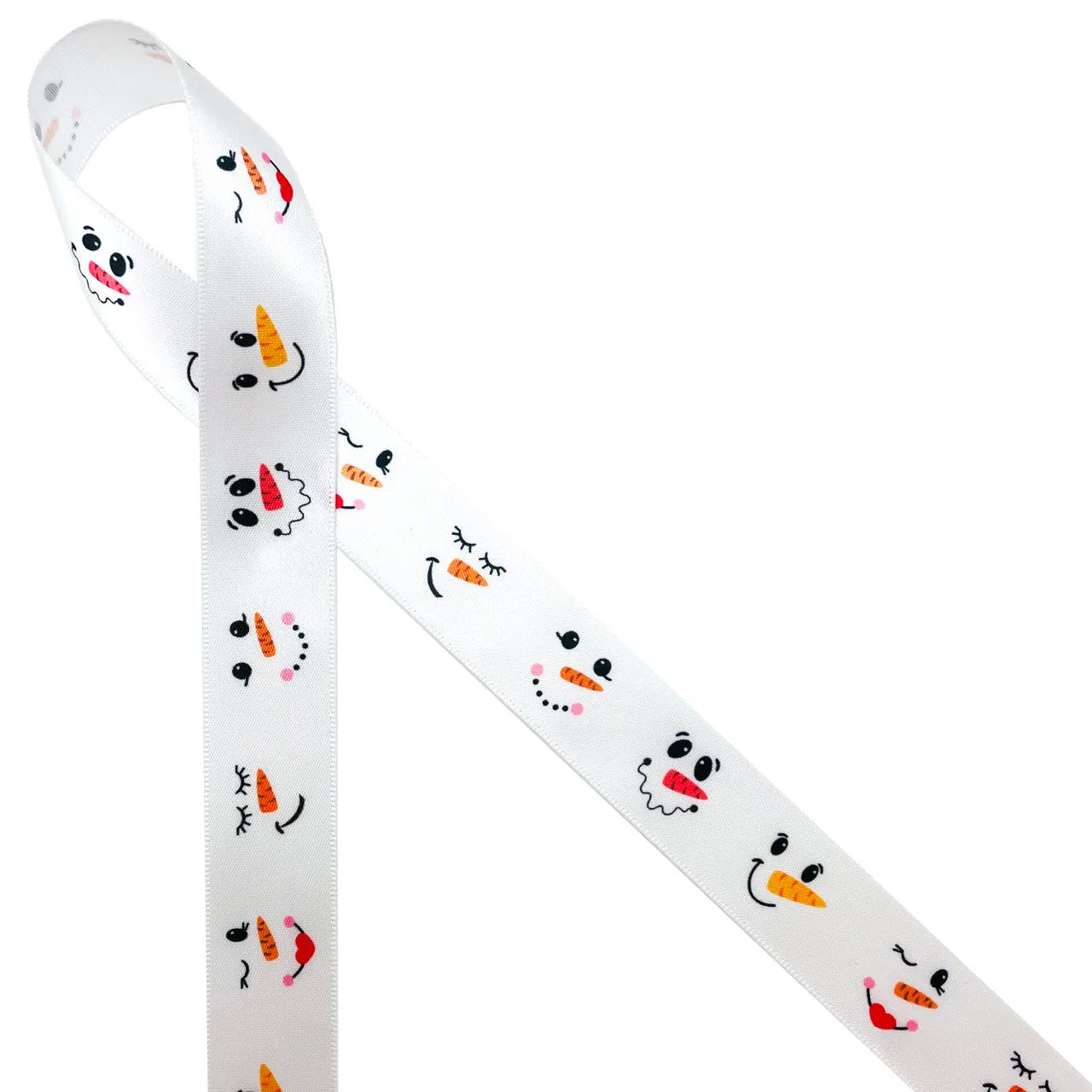 Snowman ribbon snowman faces printed on 7/8" white satin