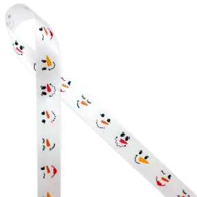 Snowman ribbon snowman faces printed on 7/8" white satin