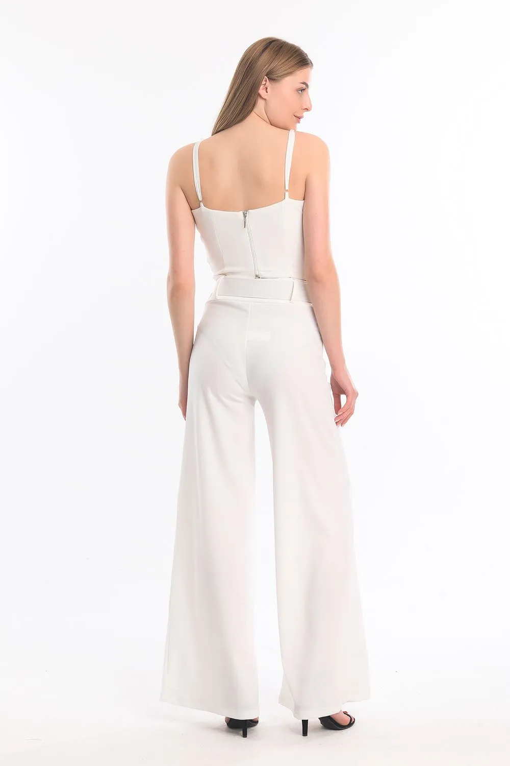 SNS Beige Sides Fabric Coated Belted Spanish Flare Scuba Crepe Pants - Jocotitlán