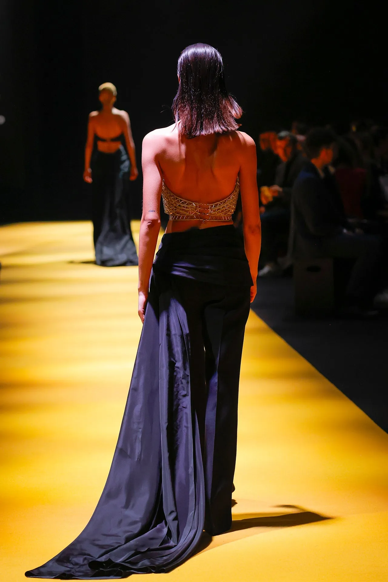 Strapless Embroidered Top with Flared Pants and Draping