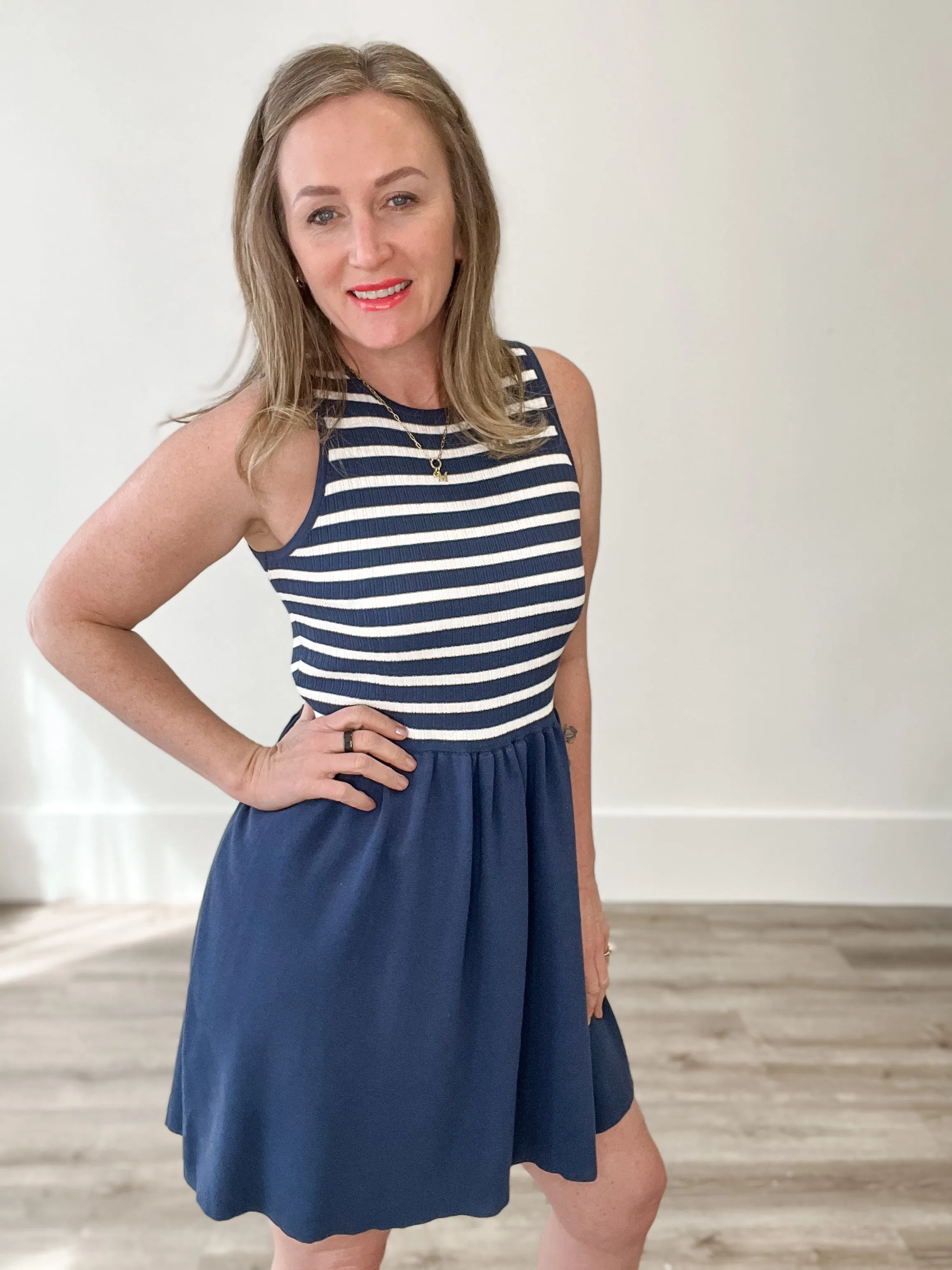 Striped Mini Sweater Tank Dress - Navy/White