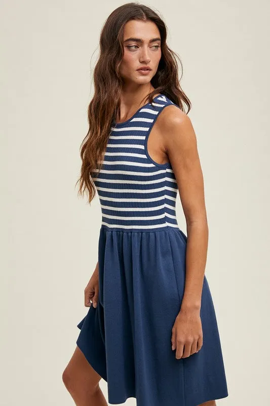 Striped Mini Sweater Tank Dress - Navy/White
