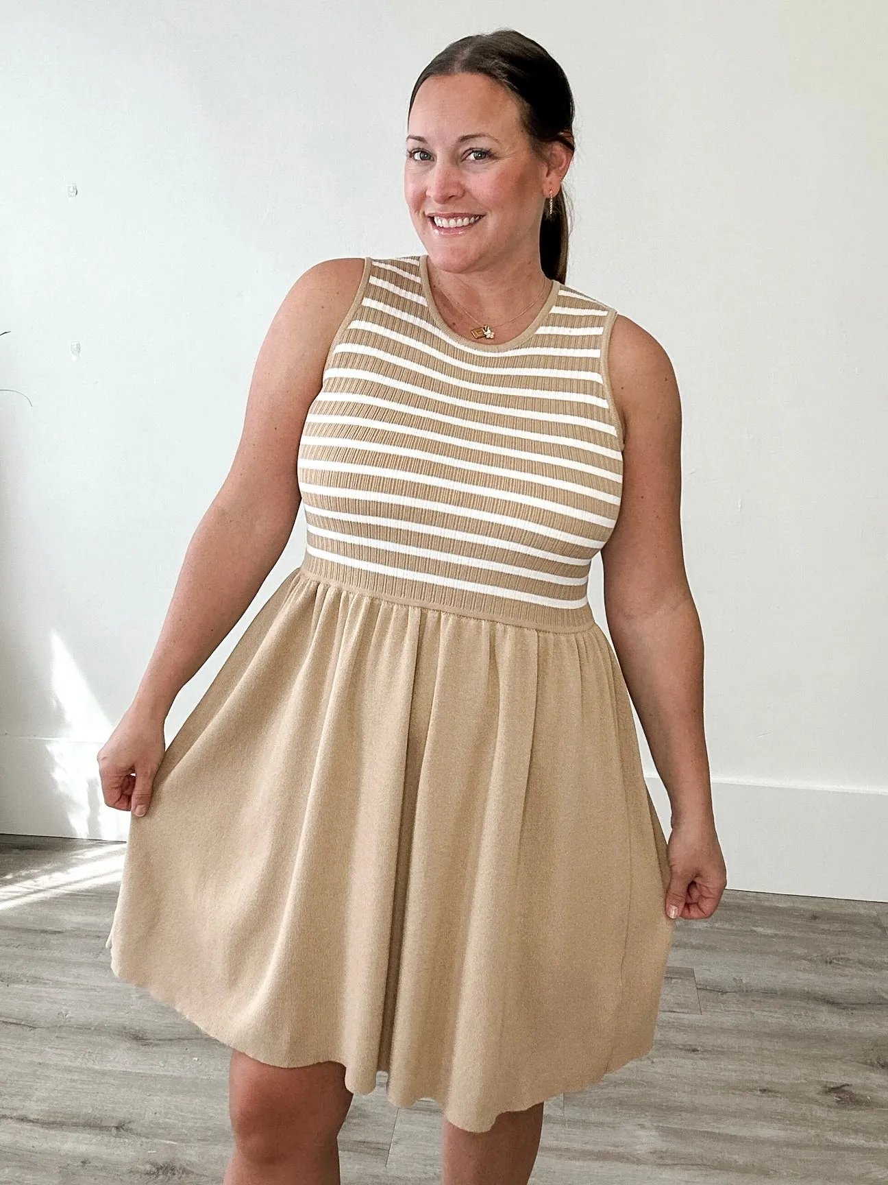Striped Mini Sweater Tank Dress - Taupe/White