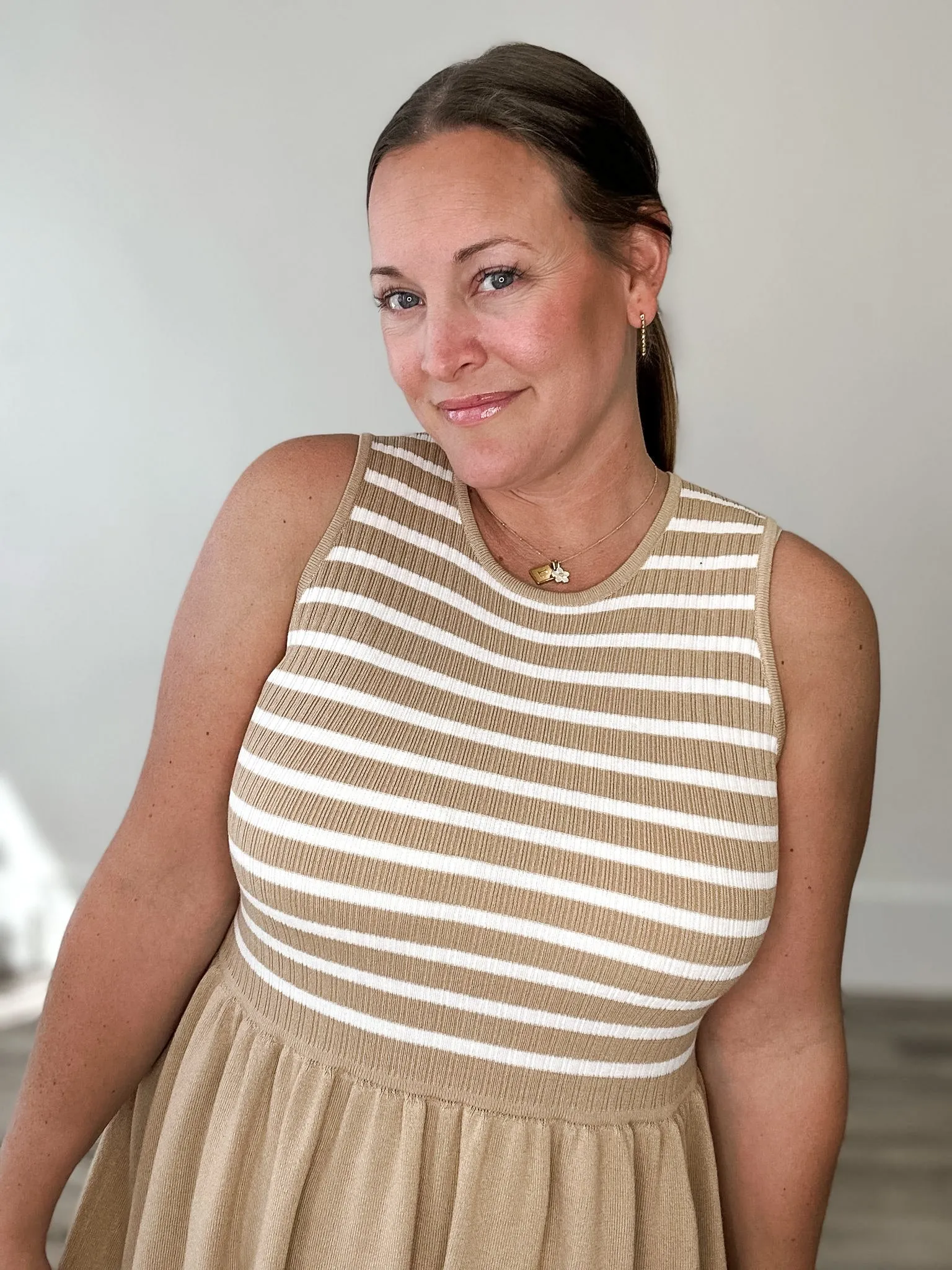 Striped Mini Sweater Tank Dress - Taupe/White