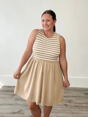 Striped Mini Sweater Tank Dress - Taupe/White