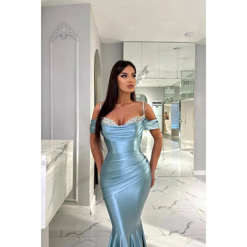 Sweetheart Off-Shoulder Beaded Ruched Satin Mermaid Long Prom Evening Dress