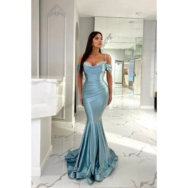 Sweetheart Off-Shoulder Beaded Ruched Satin Mermaid Long Prom Evening Dress