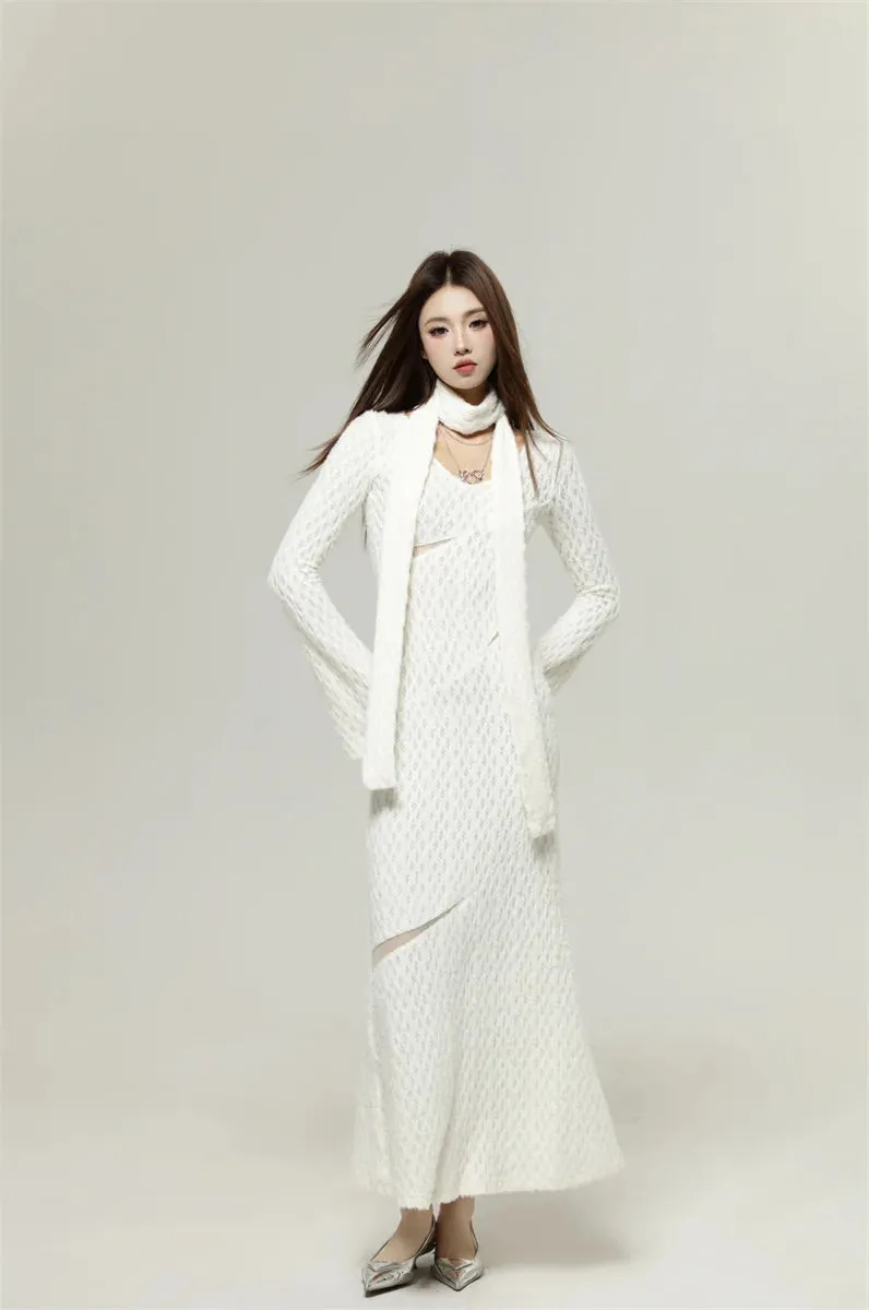 Textured Long Sleeve Mesh Cutout Maxi Sweater Dress with Scarf
