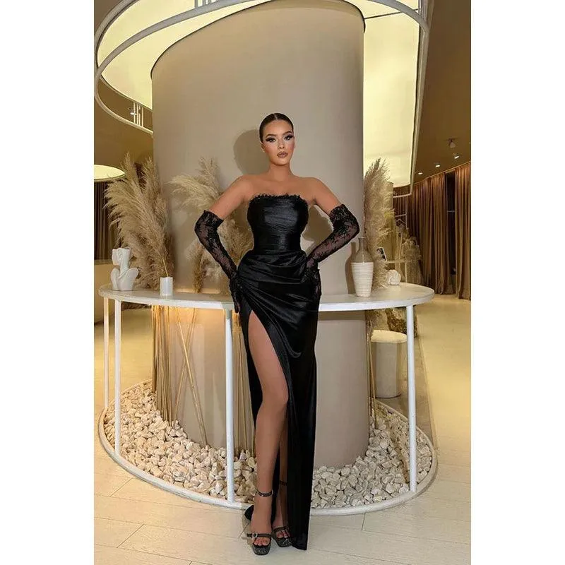 Trapless Ruched Satin Sheath Long Prom Evening Gown with Slit