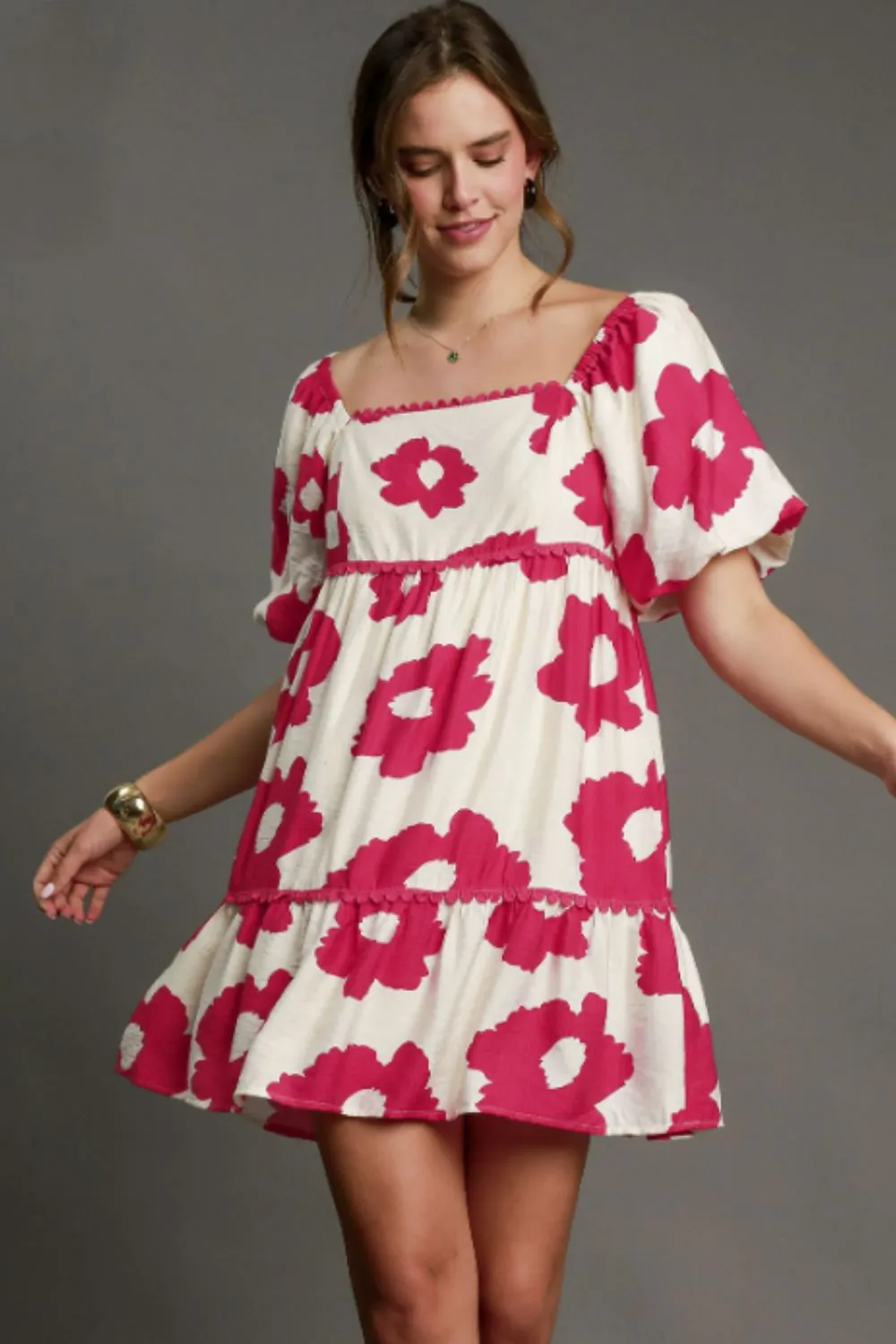 Umgee Contrast Floral Short Sleeve Mini Dress Plus Size